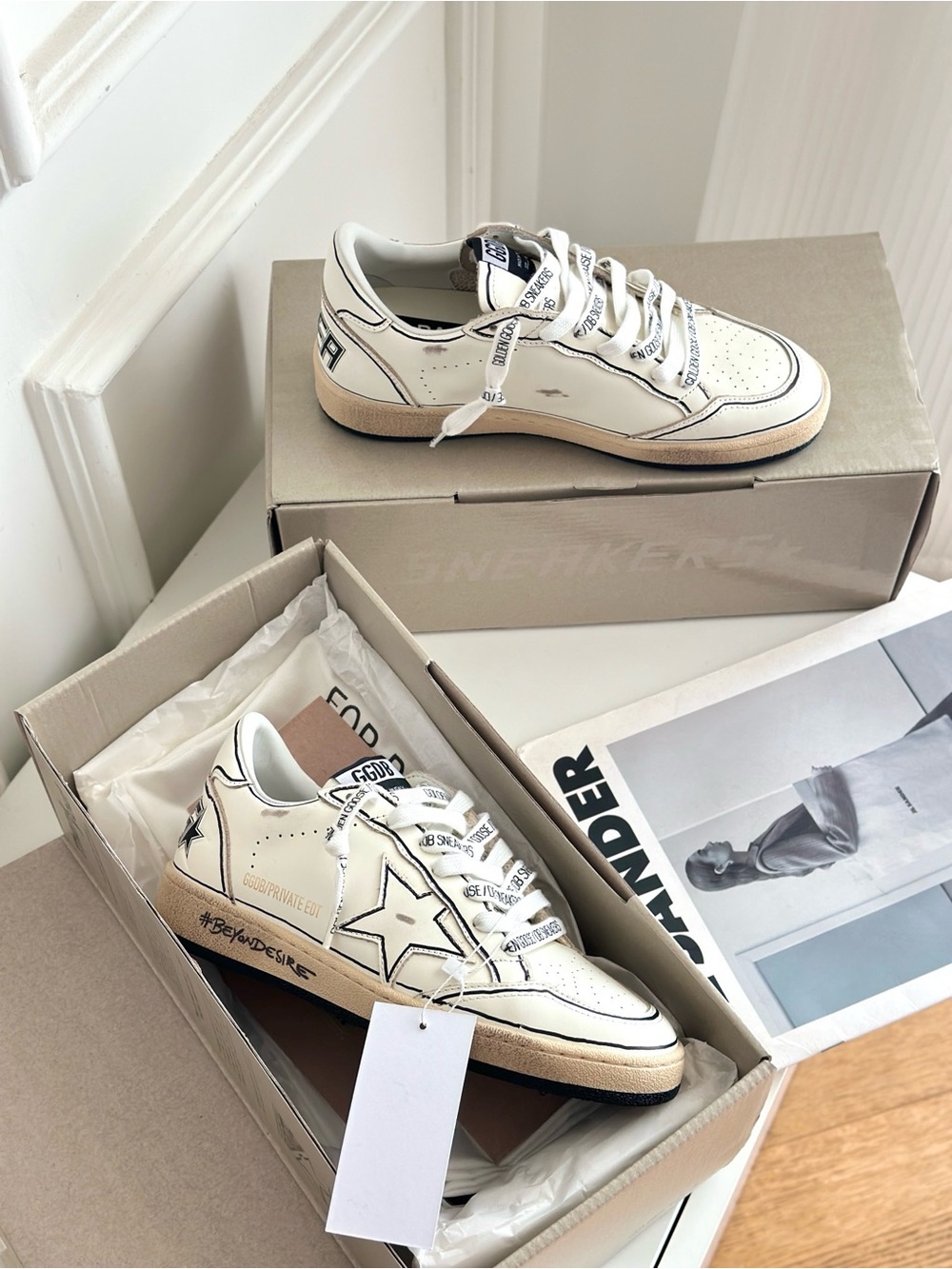 Golden Goose Cream Low-Top Sneakers with Black Star Detail